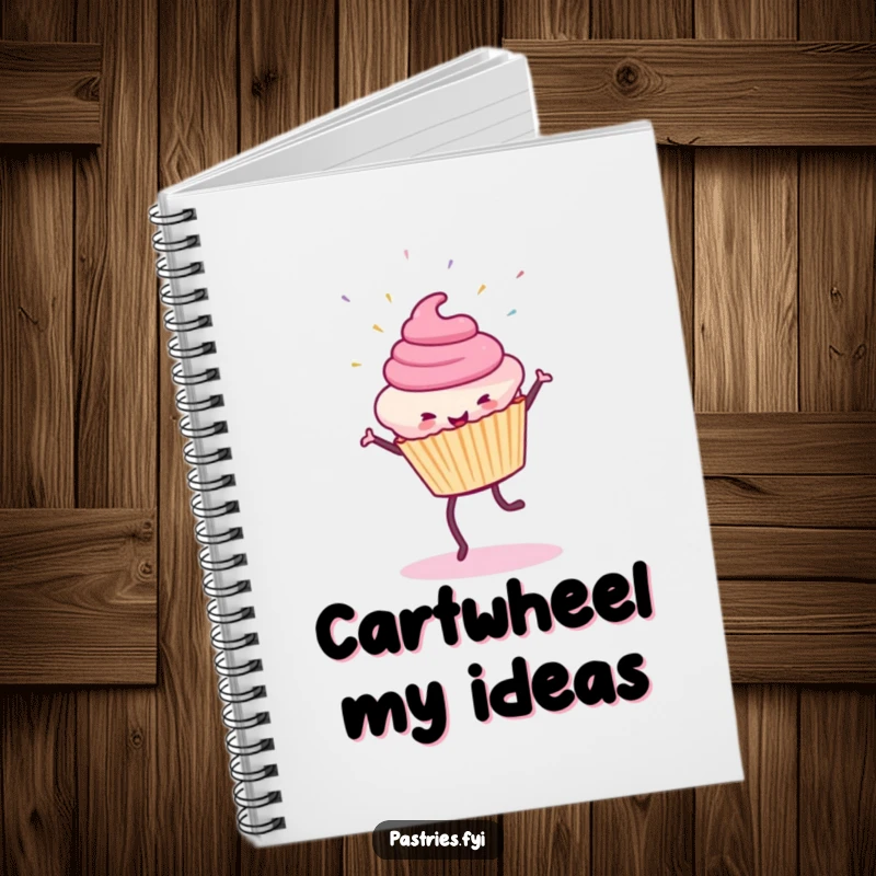 Funny Cupcake Notebook: A smiling cupcake does a cartwheel, scattering sprinkles across the cover.