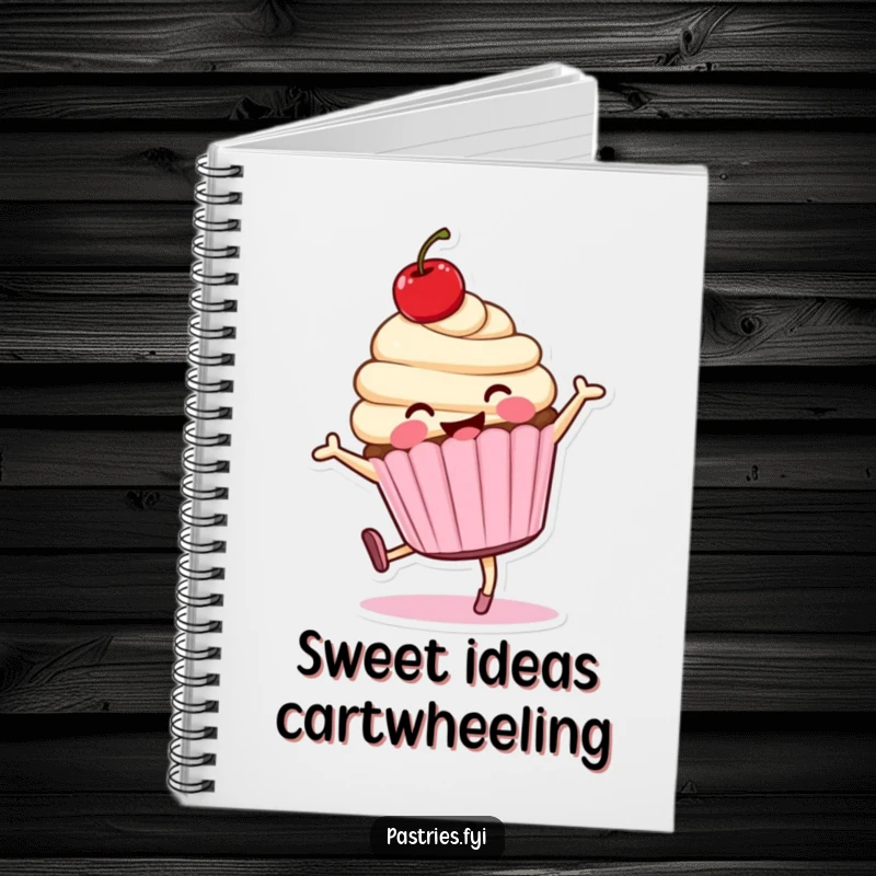 Funny cartwheeling cupcake character notebook, smiling and energetic, perfect for jotting down ideas.