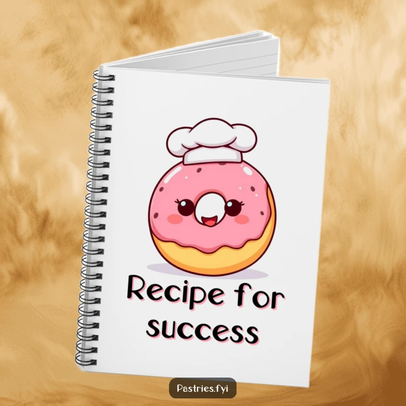 Funny donut character with a chef hat, featured on a notebook for jotting down recipes and ideas with a delicious flair.
