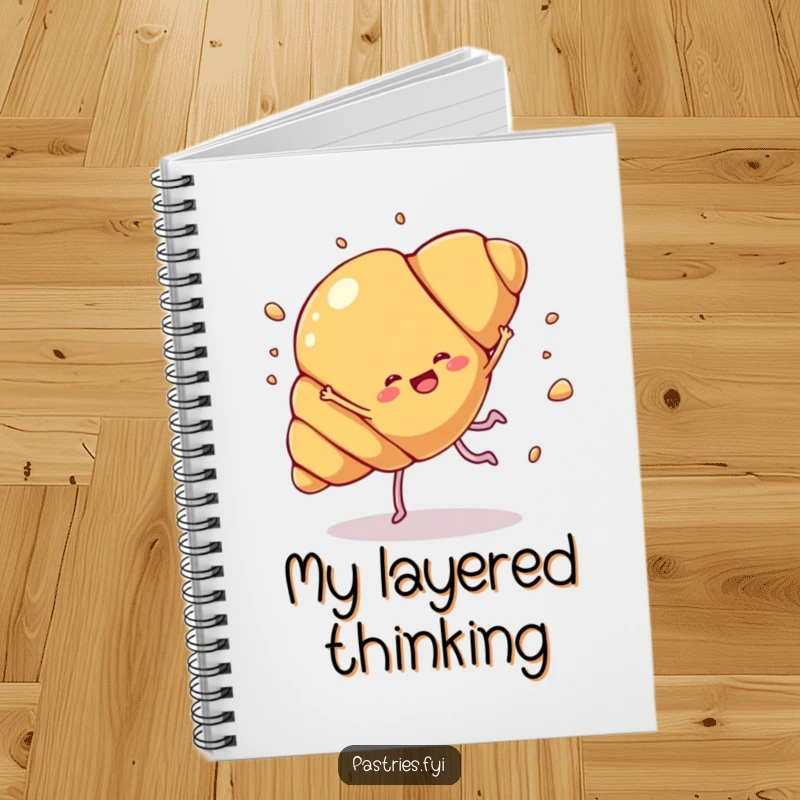 Funny croissant cartwheel notebook with a croissant character doing a joyful cartwheel with pastry flakes flying, ideal for jotting down notes humorously.