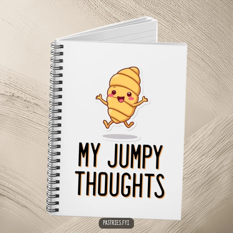 Funny notebook with a cheerful croissant character doing a joyful little hop, perfect for jotting down thoughts and bright ideas.