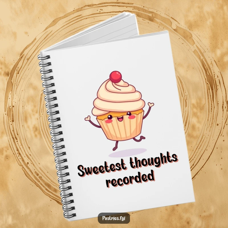 Funny cheerful cupcake with tiny legs, jubilantly hopping on a notebook, perfect for jotting down notes with sweet humor, a funny gift.