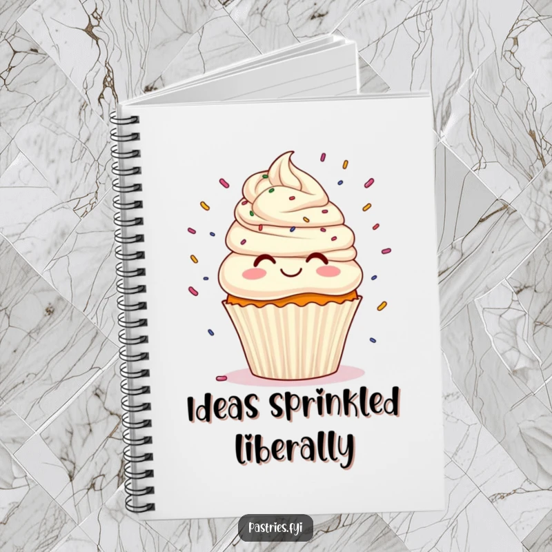 Funny cupcake character with frosting hair joyfully juggling numerous sprinkles, a delightful funny notebook for creative minds.