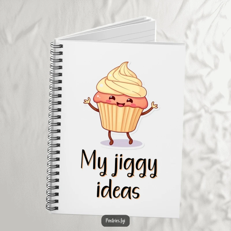 Funny cupcake character with legs doing a jig, gracing the cover of a lined notebook, perfect for jotting down funny thoughts.