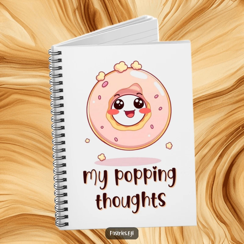 Funny notebook with a giggling donut hole character bouncing like popcorn, perfect for jotting down notes and cheerful thoughts.