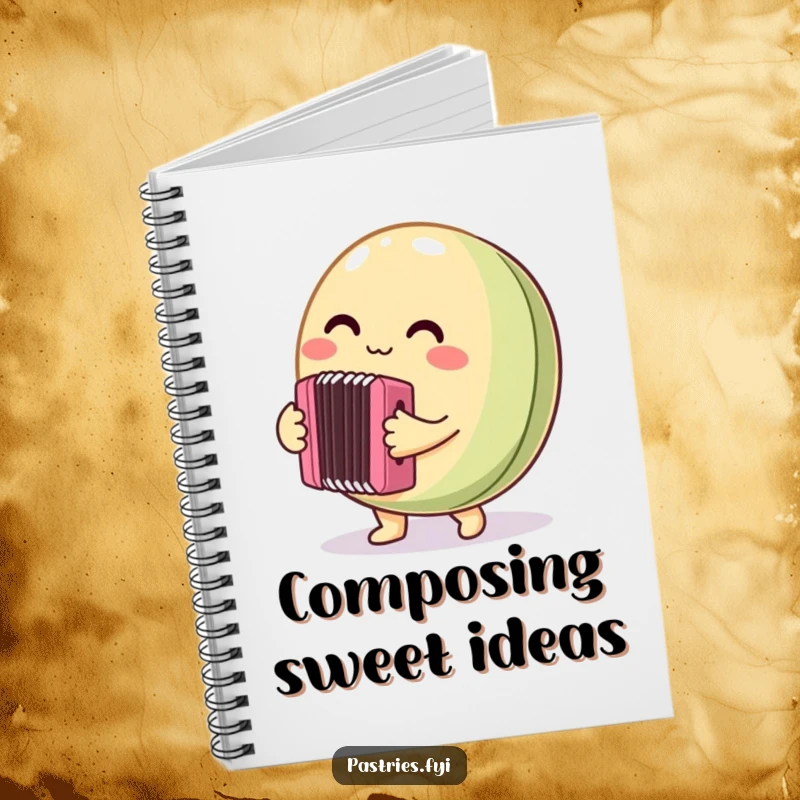 Funny Notebook with a round macaron character enthusiastically playing a tiny accordion, perfect for jotting down notes, musical ideas, or creative inspiration.