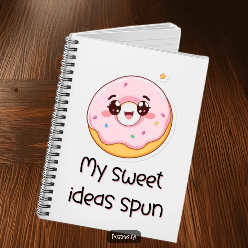 Funny notebook featuring a wide-eyed donut character spinning with delight, inspiring sweet thoughts and joyful note-taking.
