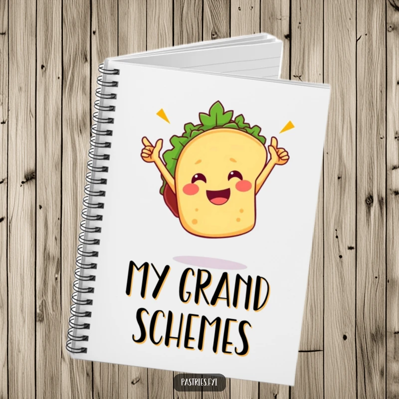 Funny taco notebook featuring a dancing taco character, ideal for writing, sketching, or planning, bringing a touch of fiesta to your stationery.