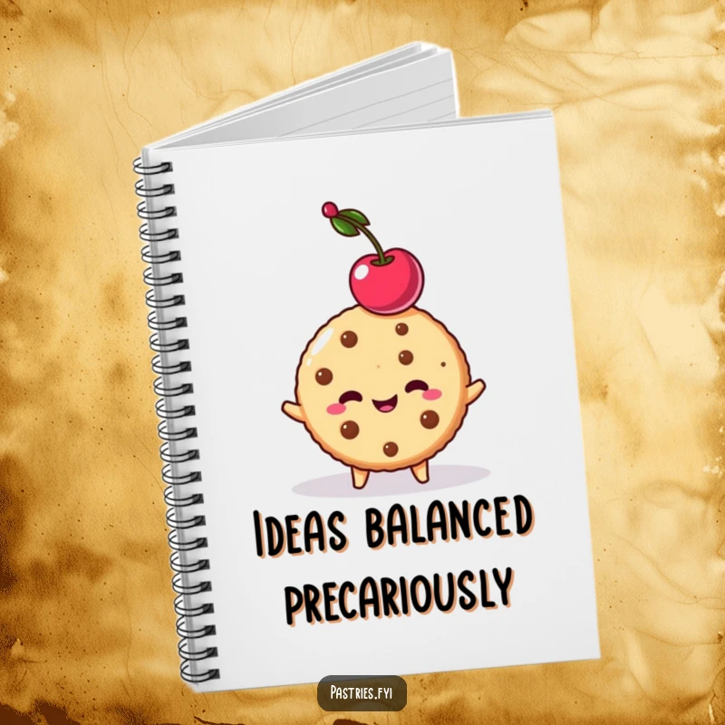 Funny cookie character balancing a cherry on its head, featured on a notebook cover. Perfect for jotting down thoughts.
