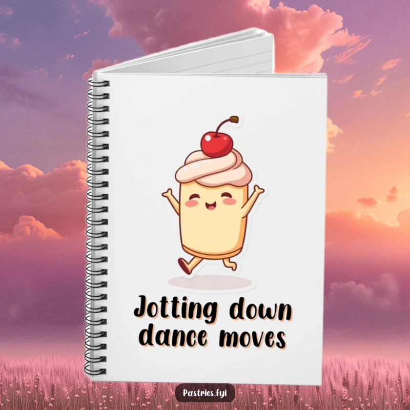 Funny notebook cover featuring a joyful pastry character dancing with a cherry on top, ideal for capturing ideas with humor, a funny gift.