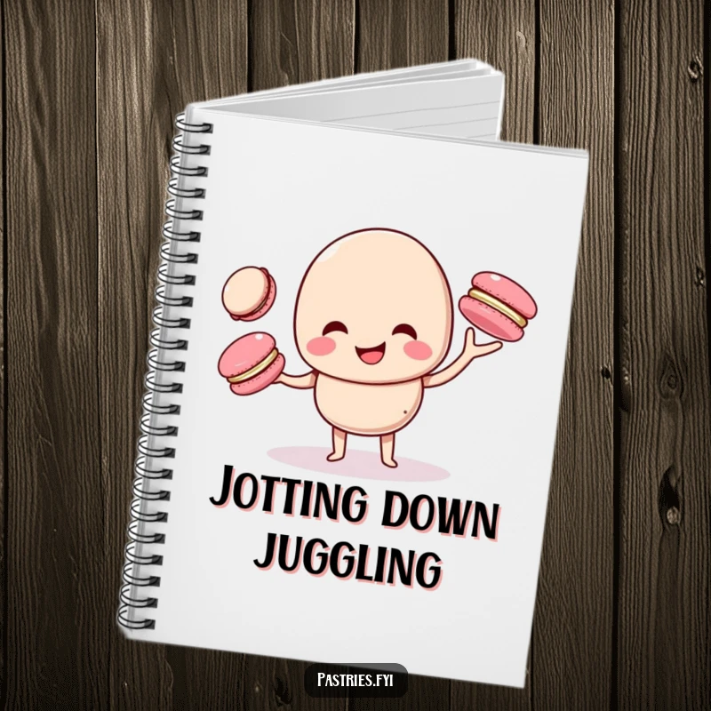 Funny macaron character giggling while juggling smaller macarons, on the cover of a lined notebook, perfect for jotting down sweet inspirations.