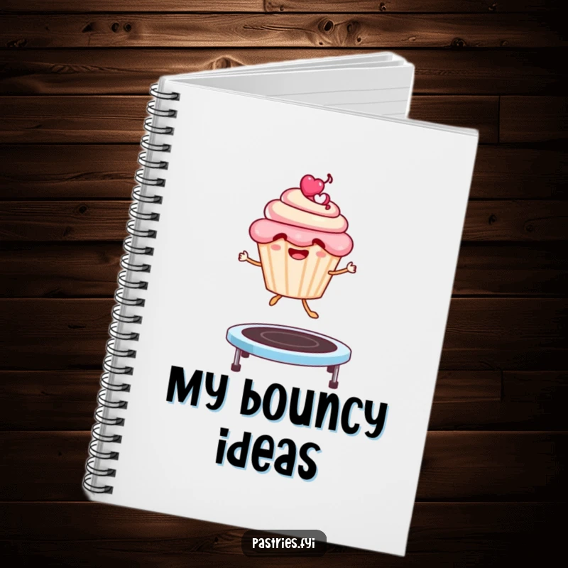 Funny Notebook: A smiling cupcake character gleefully jumping on a springy trampoline, ready to capture your brilliant ideas.
