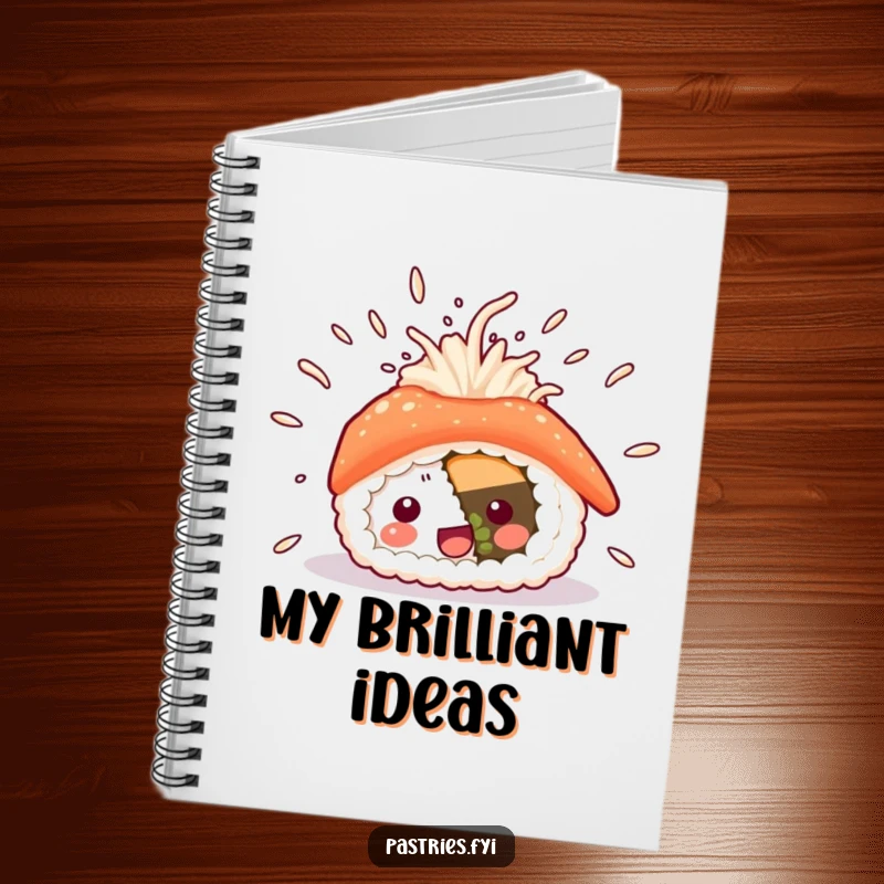 Funny sushi notebook with an energetic sushi character and scattered rice, ideal for jotting down notes or sketches, a fun companion for your desk.
