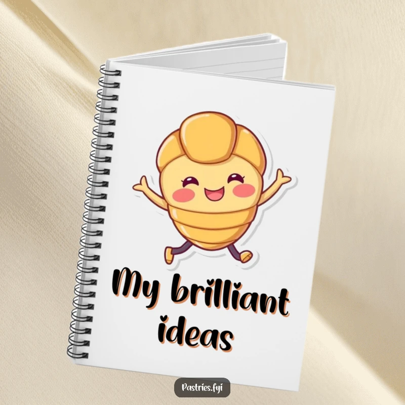 Funny notebook with a smiling croissant character with legs joyfully leaping, ready to capture your best ideas.