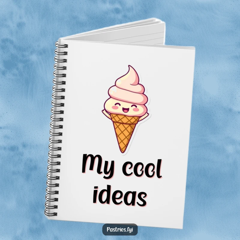 Funny notebook cover featuring a happy ice cream cone character spinning joyfully, designed for jotting down sweet and happy ideas.
