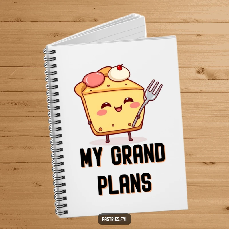 Funny pie slice character notebook, giggling with a fork lodged in its side, a humorous and practical tool for everyday writing.