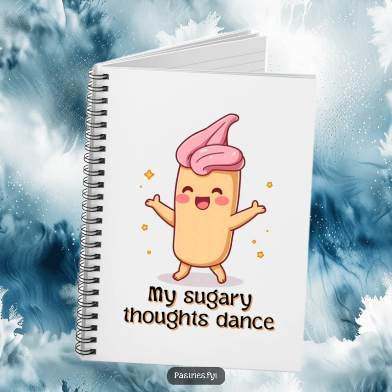 Funny churro notebook with a shimmying character and cinnamon sugar, perfect for notes and sweet inspirations.