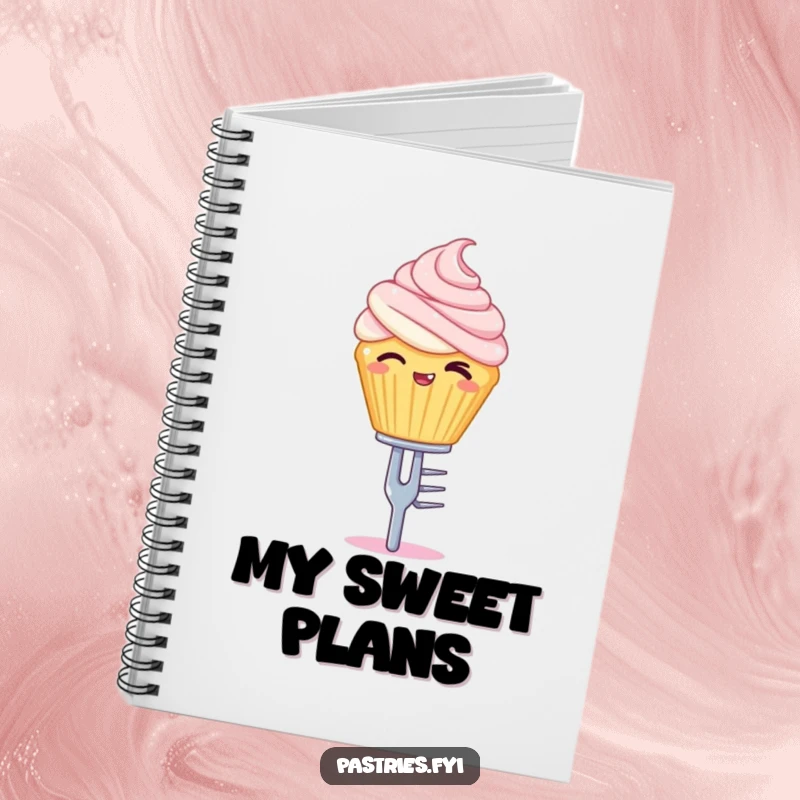 Funny notebook with a winking cupcake character balancing on a tiny silver fork, perfect for creative notes.