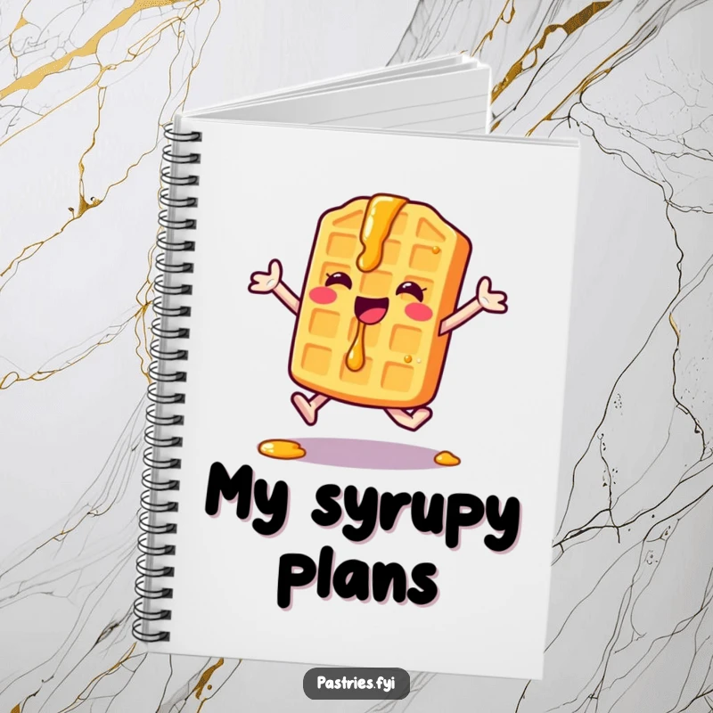 Funny Waffle Notebook: A happy waffle character with syrup drips performs a jumping jack, inspiring users to jot down their most energetic ideas.