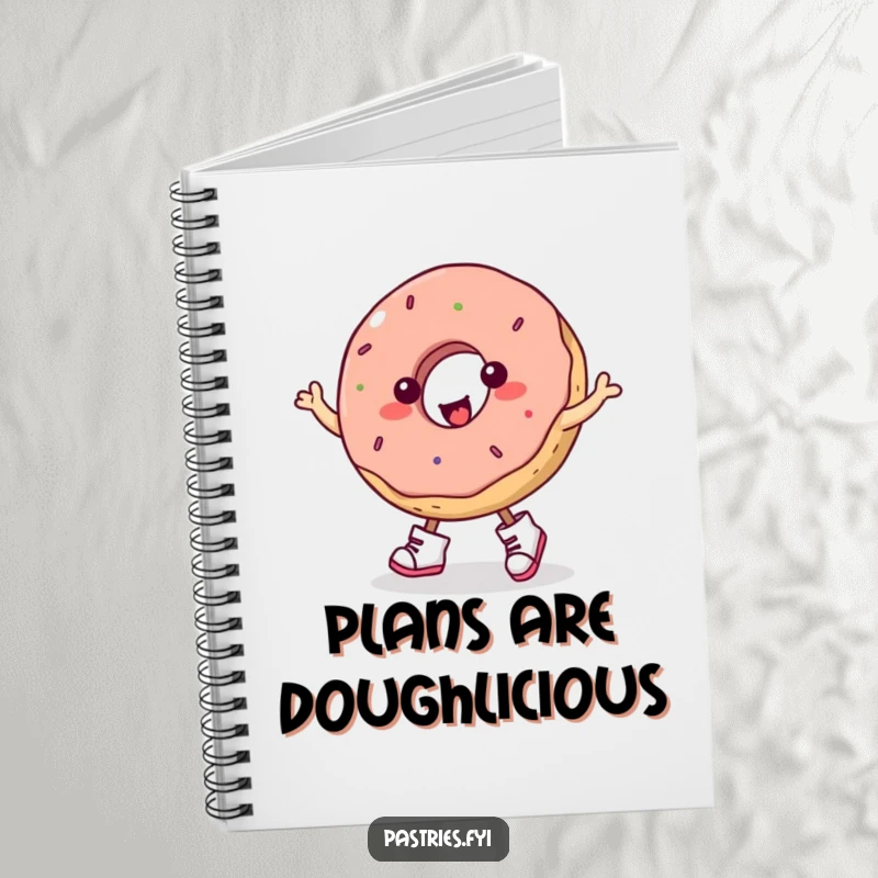 Funny donut character in tiny boots doing a jig, a delightful funny notebook for planning and inspiration.