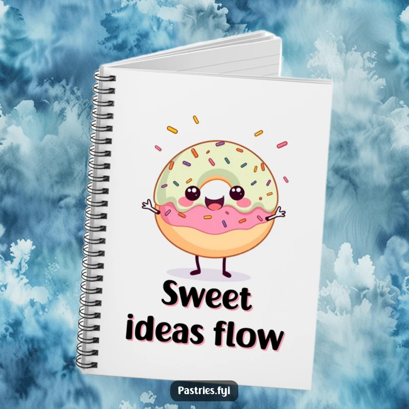 Funny notebook cover showing a happy donut character juggling sprinkles, inspiring sweet creativity.