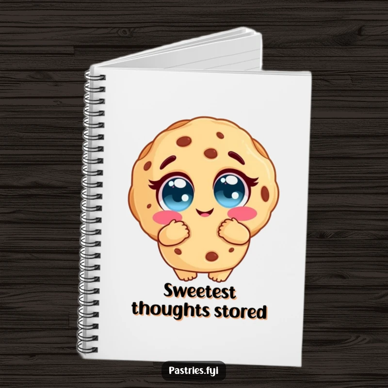 Funny cookie notebook featuring a cookie character with big, adoring eyes and an outstretched hug, ideal for notes and creative writing.