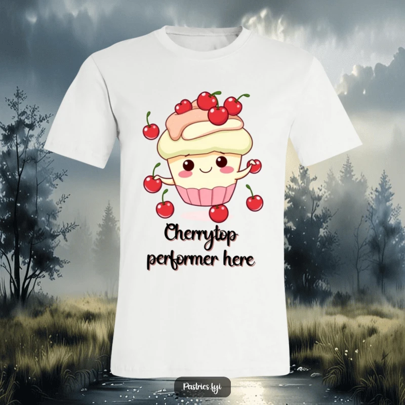 Funny t-shirt featuring a gleeful cupcake character in mid-air, happily juggling tiny cherries, radiating pure delight and fun.