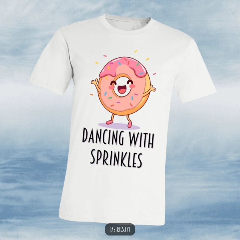 Funny donut character grooving and dancing with sprinkles flying, printed on a t-shirt. A fun and festive apparel choice.