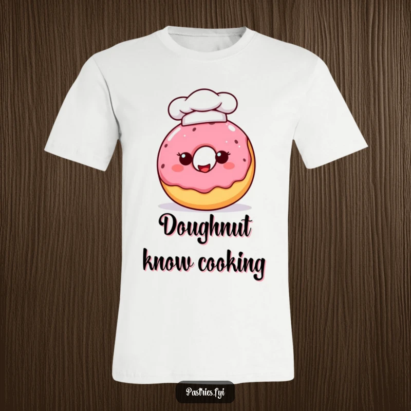 Funny and cheerful donut character sporting a small chef hat, ready to bake up some smiles on a comfortable t-shirt.