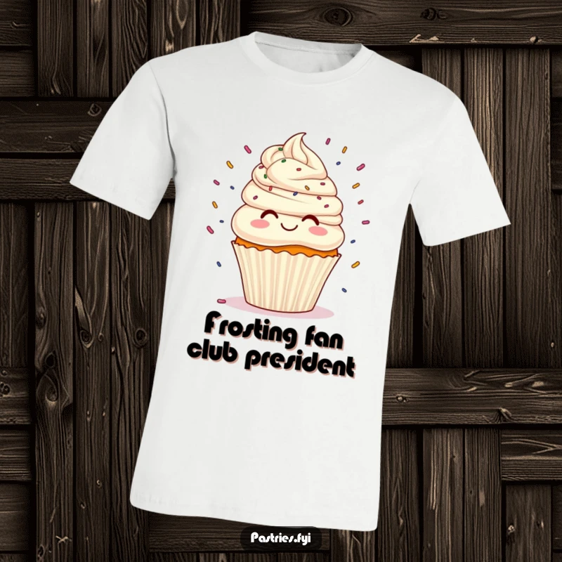 Funny smiling cupcake with frosting hair enthusiastically juggling a cascade of colorful sprinkles, perfect for a humorous t-shirt.