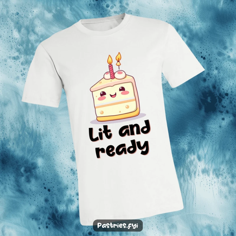 Funny cake slice t-shirt featuring a joyful Kawaii character with a lit candle, bursting with celebratory energy.