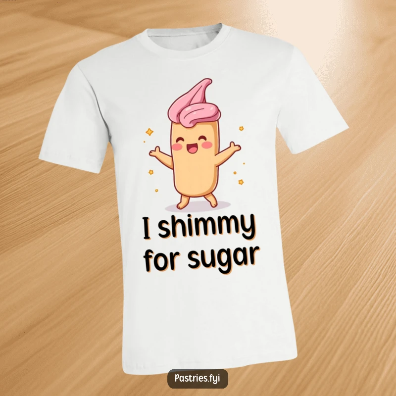 Funny churro t-shirt with a shimmying character dusted in cinnamon sugar, celebrating joyful movement and sweetness.