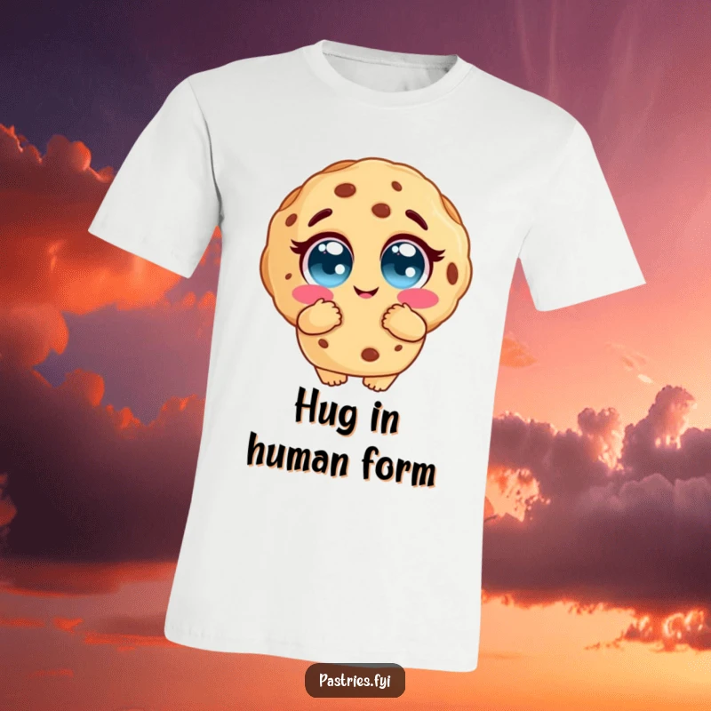 Funny cookie t-shirt depicting a charming cookie character with oversized, adoring eyes giving a welcoming hug, representing comfort and affection.