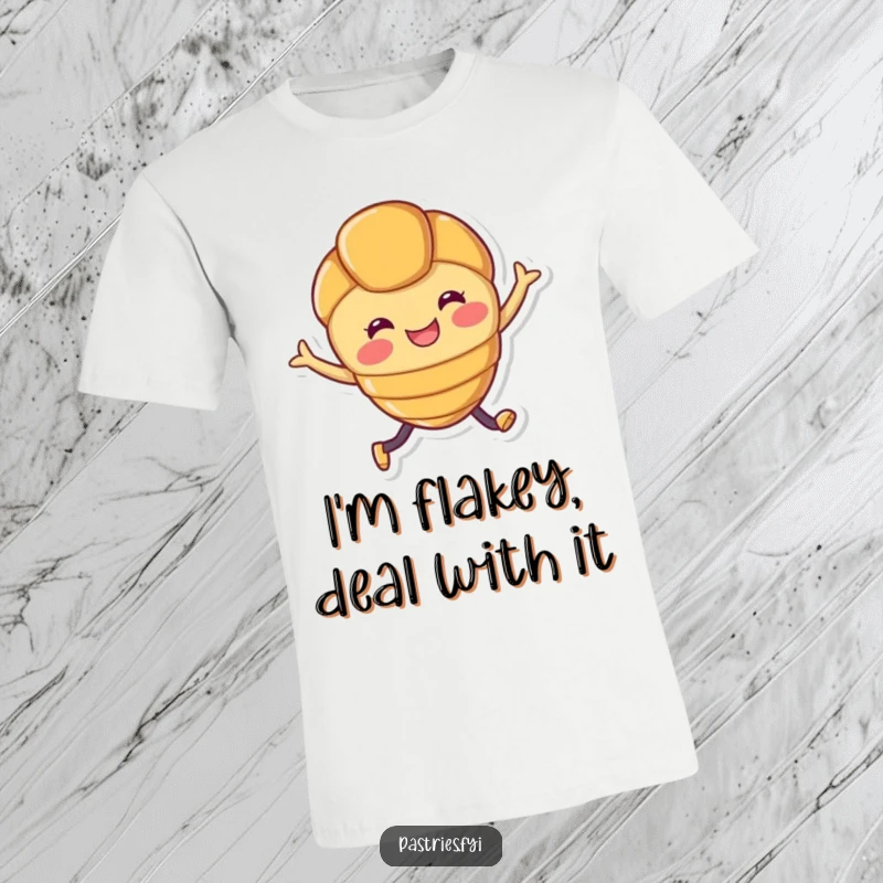 Funny t-shirt showcasing a smiling croissant character with legs joyfully leaping in a dynamic, energetic pose.