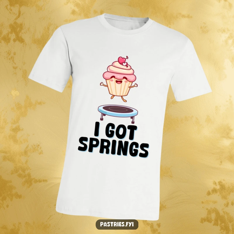 Funny T-Shirt: A smiling cupcake character in mid-air, joyfully leaping on a springy trampoline, vibrant and fun.