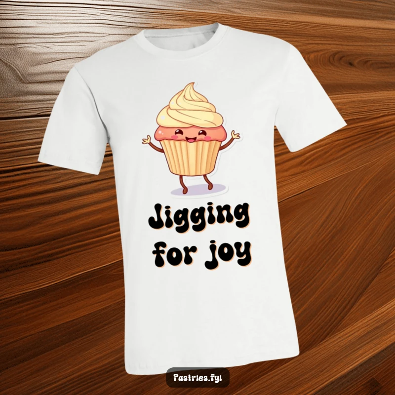 Funny cupcake character with legs performing a lively jig, exuding pure joy and playful movement, printed on a t-shirt.