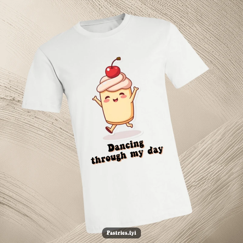 Funny t-shirt printing a joyful pastry character dancing wildly with a cherry on top, a vibrant and humorous design, great funny gift.