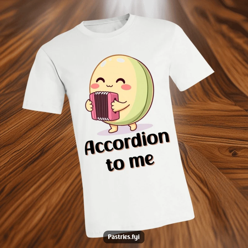 Funny T-Shirt showcasing a round macaron character energetically playing a tiny accordion, embodying a sweet and musical personality with infectious joy.