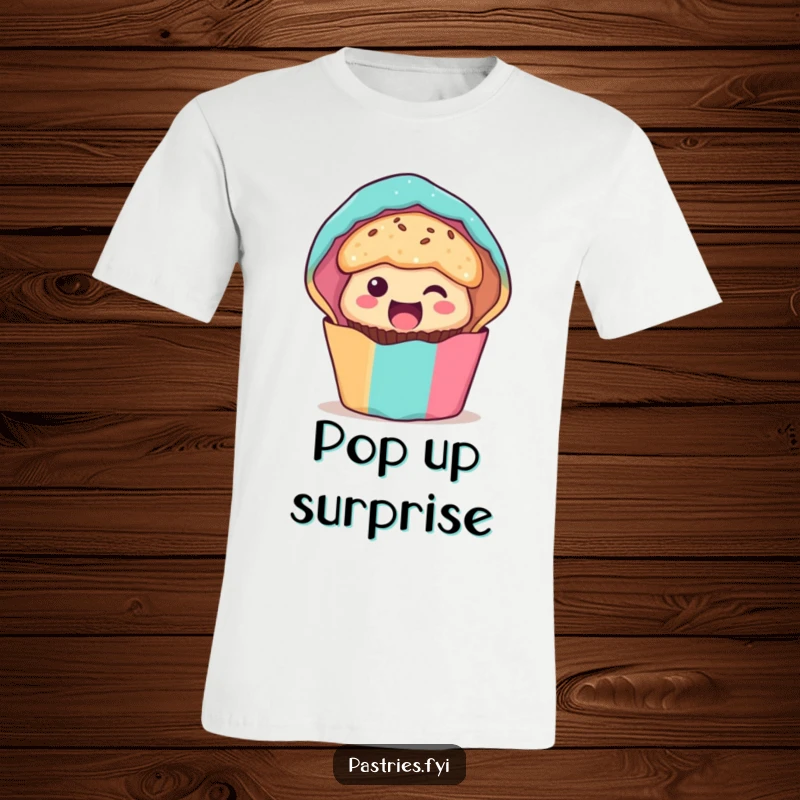 Funny muffin character t-shirt, peeking eagerly from a vibrant wrapper, capturing pure excitement and playful energy.