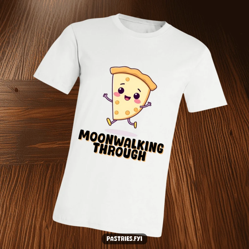 Funny T-Shirt: A cheerful pie slice character doing a playful moonwalk, with a smooth, retro dance style.