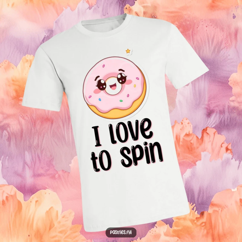 Funny T-shirt showcasing a wide-eyed donut character happily spinning with delight, celebrating the joy of sweet indulgence.