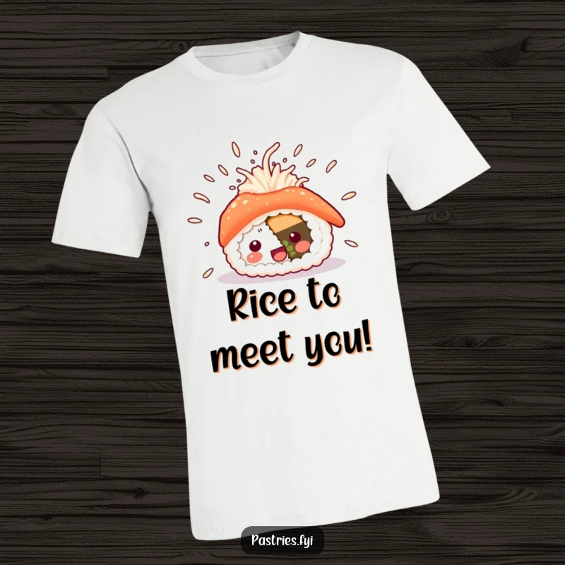 Funny sushi t-shirt with rice exploding outwards, showcasing unparalleled joy and passion for Japanese cuisine, a great wearable art.