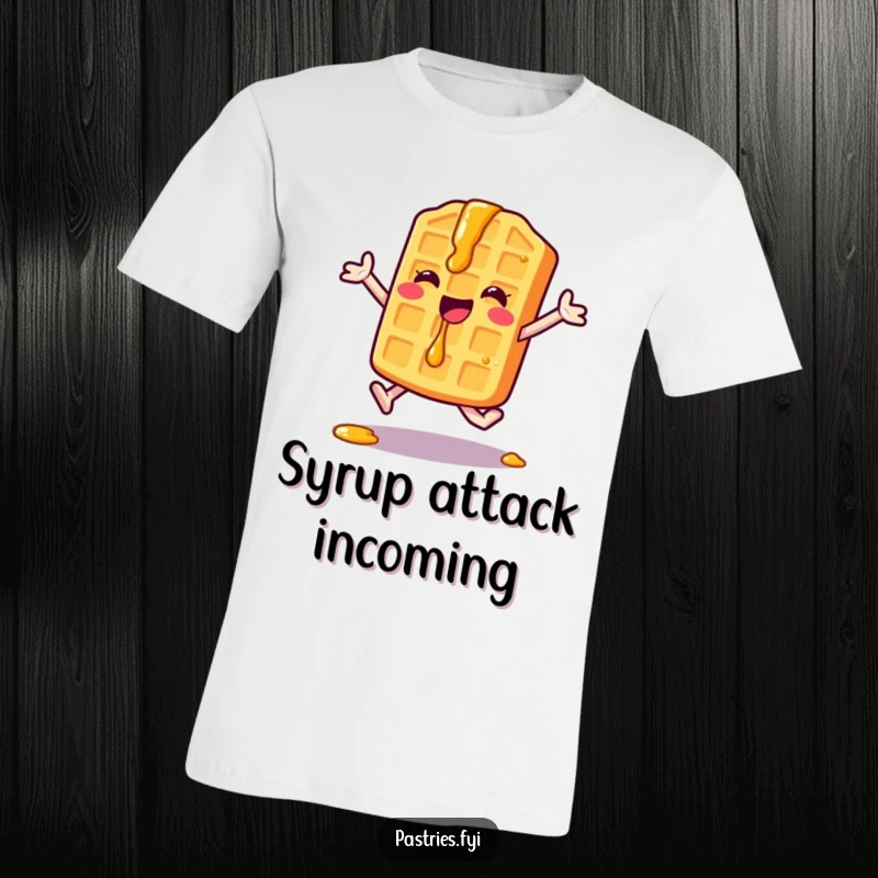 Funny Waffle T-Shirt: A cheerful waffle with syrup drips executes a jumping jack with enthusiasm, embodying breakfast fun and fitness.