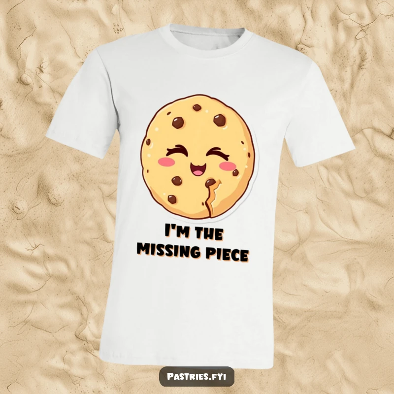 Funny t-shirt printing a cheeky cookie character winking with a noticeable bite missing, a playful and humorous design, great funny gift.