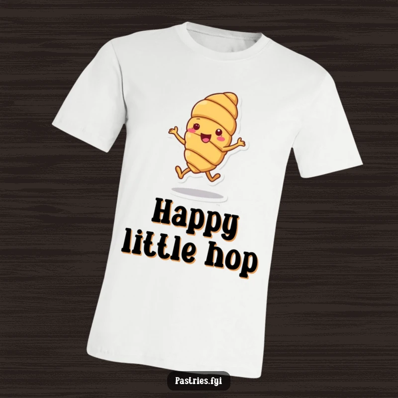 Funny t-shirt with a cheerful croissant character captured mid-hop, radiating happiness and lightheartedness.
