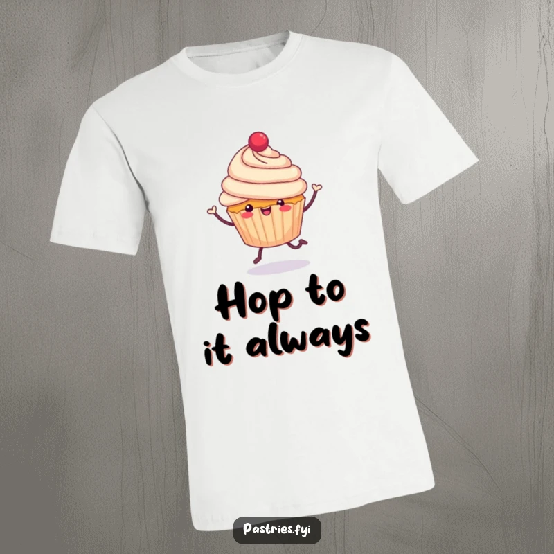 Funny cheerful cupcake with tiny legs, jubilantly hopping on a t-shirt, celebrating joy and sweetness, a perfect funny gift.
