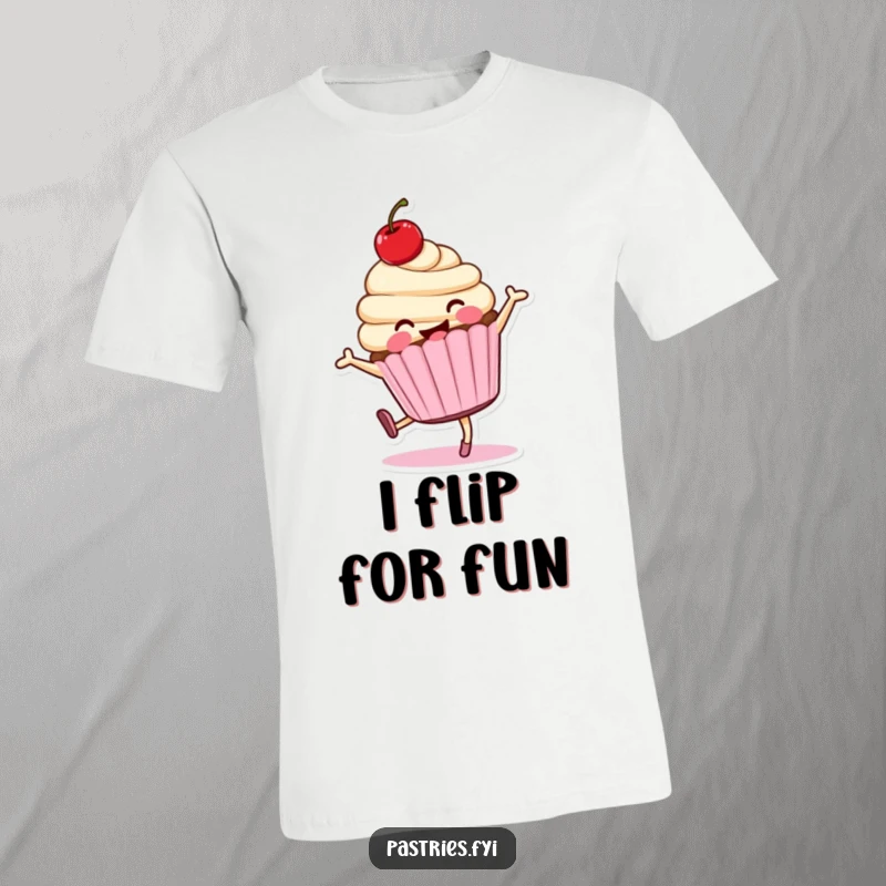 Funny cartwheeling cupcake character t-shirt, smiling with a cherry, performing an energetic cartwheel.