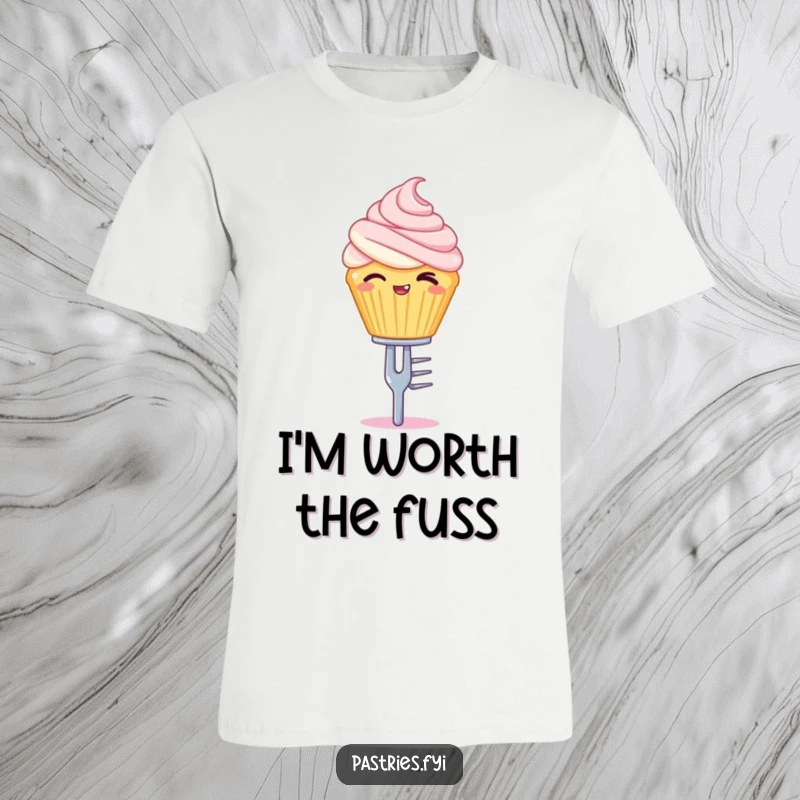 Funny t-shirt depicting a winking cupcake character balancing precariously on a miniature silver fork.