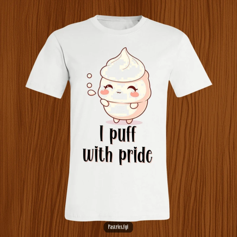 Funny meringue t-shirt with a shy character offering a puff of air, embodying gentle sweetness and quiet charm.