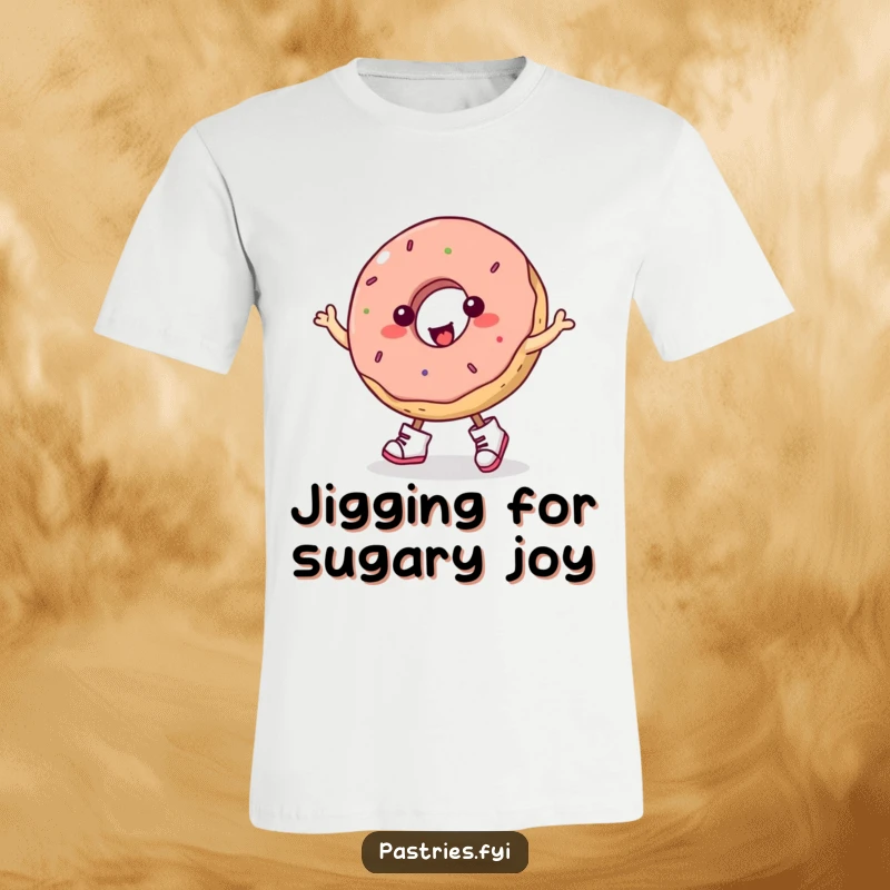 Funny plump donut in tiny boots doing a lively jig, a humorous and eye-catching t-shirt for food lovers.